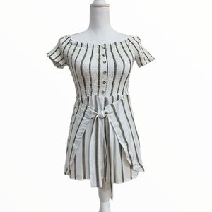 STRIPED OFF THE SHOULDER SMOCKED TIE WAIST ROMPER